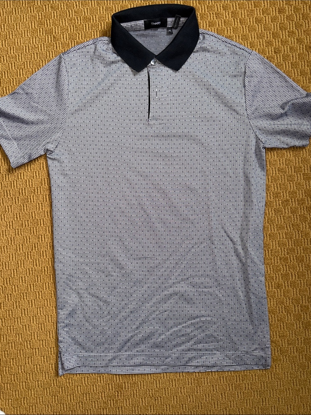 Theory Men's White and Black Micro-Striped Polo with Black Collar